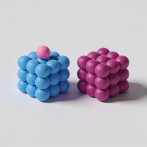 3D render of a cluster of sky-blue spheres with one magenta outlier sphere