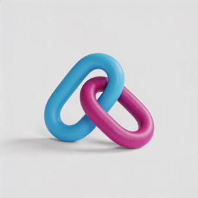 3D render of two interlinked chain links, one sky blue and one magenta