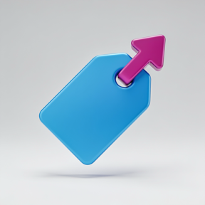 3D render of a tilted sky-blue price tag with a rising magenta arrow
