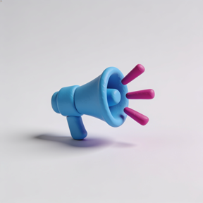 3D render of a sky-blue megaphone with magenta burst rays